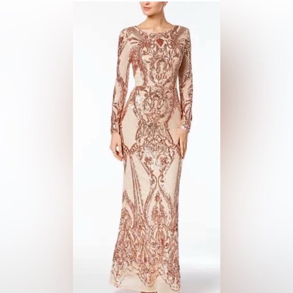 Betsy & Adam Long Sleeve Sequin Dress - Cream and Gold